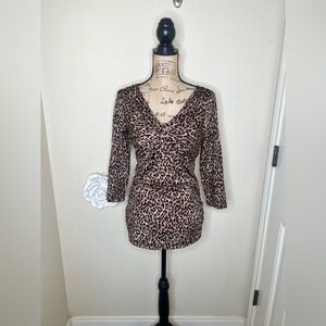 NTM: Boston Proper Knotted Front Leopard Print Blouse 3/4 Length Sleeves Sz M